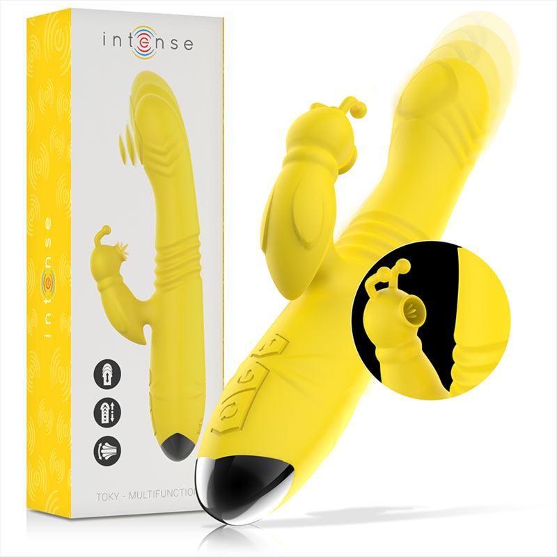 INTENSO VIBRADOR MULTIFUNCaO TOKY PARA CIMA E PARA BAIXO COM ESTIMULADOR CLIToRICO AMARELO