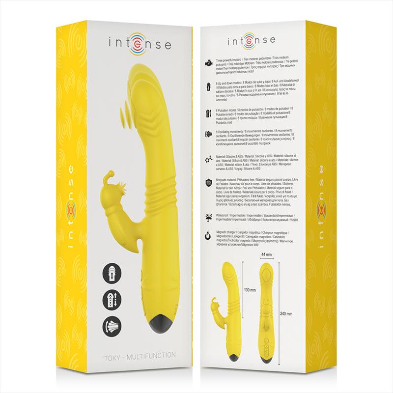 INTENSO VIBRADOR MULTIFUNCaO TOKY PARA CIMA E PARA BAIXO COM ESTIMULADOR CLIToRICO AMARELO