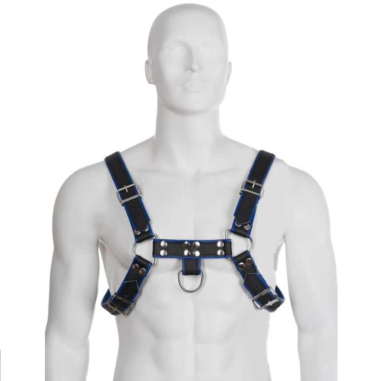 LEATHER BODY PEITO BULDOGUE CHICOTE DE COURO PRETO AZUL