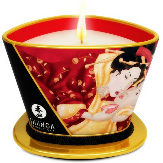 SHUNGA MINI CARESS POR CANDELIGHT MORANGOS E VELA DE MASSAGEM CAVA 170 ML