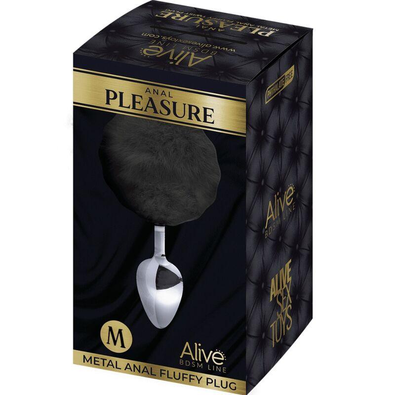 ALIVE PLUG PRAZER ANAL METAL LISO FLUFFY PRETO TAMANHO M