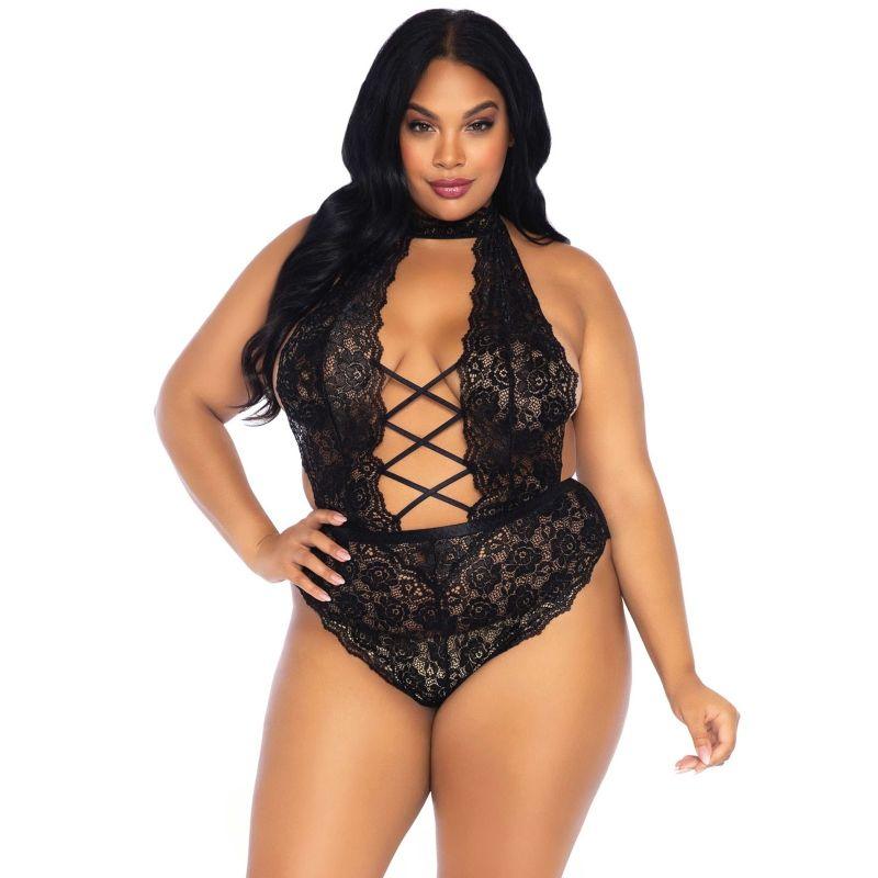 LEG AVENUE FLORAL RENDA CROTHLESS TEDDY PLUS SIZE