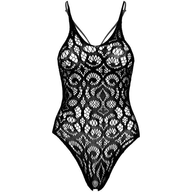 LEG AVENUE SEAMLESS SCROLL LACE TEDDY PRETO