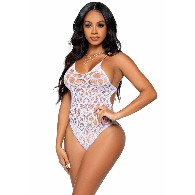 LEG AVENUE SEAMLESS SCROLL LACE TEDDY BRANCO