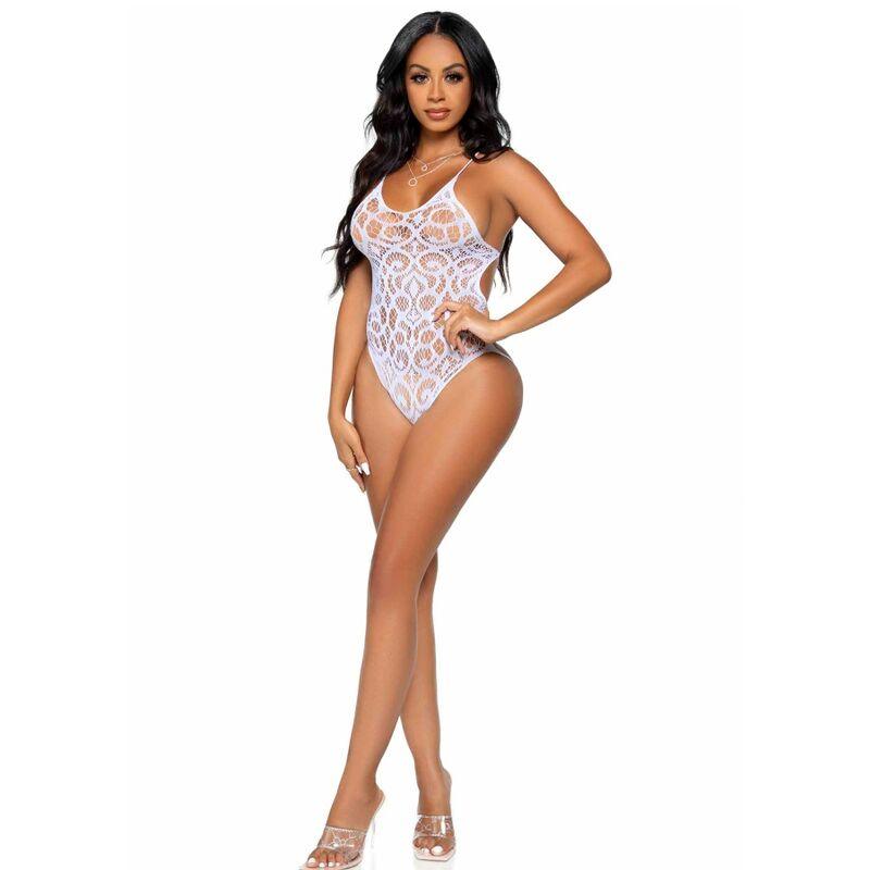 LEG AVENUE SEAMLESS SCROLL LACE TEDDY BRANCO