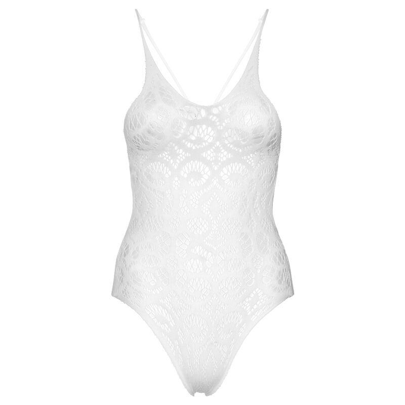 LEG AVENUE SEAMLESS SCROLL LACE TEDDY BRANCO