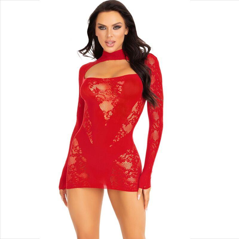 LEG AVENUE MINI VESTIDO COM RENDA MANGA COMPRIDA VERMELHO