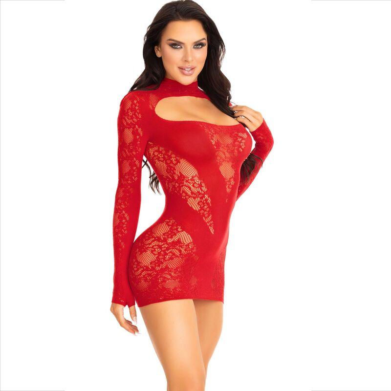 LEG AVENUE MINI VESTIDO COM RENDA MANGA COMPRIDA VERMELHO