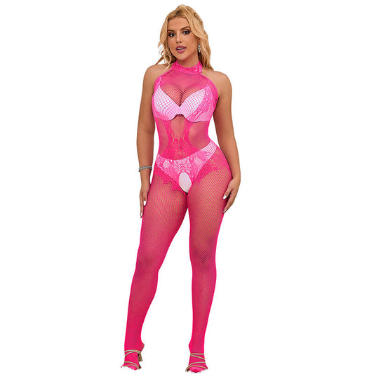 SUBBLIME 952389 BODYSTOCKING SEM FUNDO DE REDE E RENDA COM GOLA ALTA ROSA TAMANHO aNICO