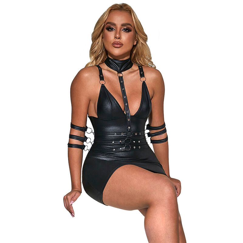 SUBBLIME 954406 VESTIDO BONDAGE DE COURO PRETO S M