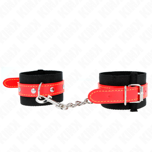 KINK - PUNHOS DE NYLON PRETO COM COURO VERMELHO AJUSTÁVEIS 19-24 CM X 5,5 CM